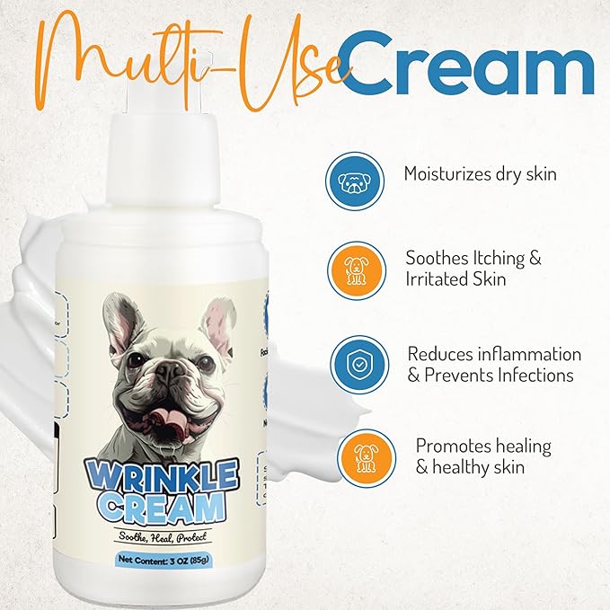 Bulldog Wrinkle Wipes &amp; Cream Bundle - Deep Cleaning Wrinkle Wipes + Soothing Dog Wrinkle Cream - Hypoallergenic for Bulldogs, Pugs, Frenchies (100 Wipes + 85g Cream)