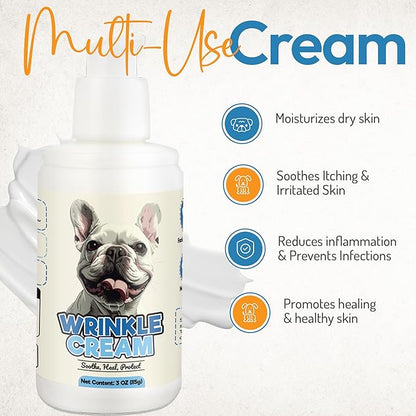 Bulldog Wrinkle Wipes &amp; Cream Bundle - Deep Cleaning Wrinkle Wipes + Soothing Dog Wrinkle Cream - Hypoallergenic for Bulldogs, Pugs, Frenchies (100 Wipes + 85g Cream)