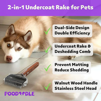 2 in 1 Dogs Cats Dematting Grooming Comb, Perfect Deshedding Undercoat Rake for Poodle &amp; Goldendoodle, Efficiently Detangling Shedding Loose Hair &amp; Matted Fur, All Long Haired Pet (Dark)