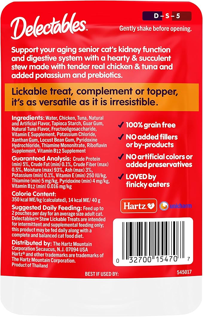 "Hartz Delectables Stew Senior Lickable Wet Cat Treats, Chicken &amp; Tuna 1.4 Ounce (Pack of 12)"