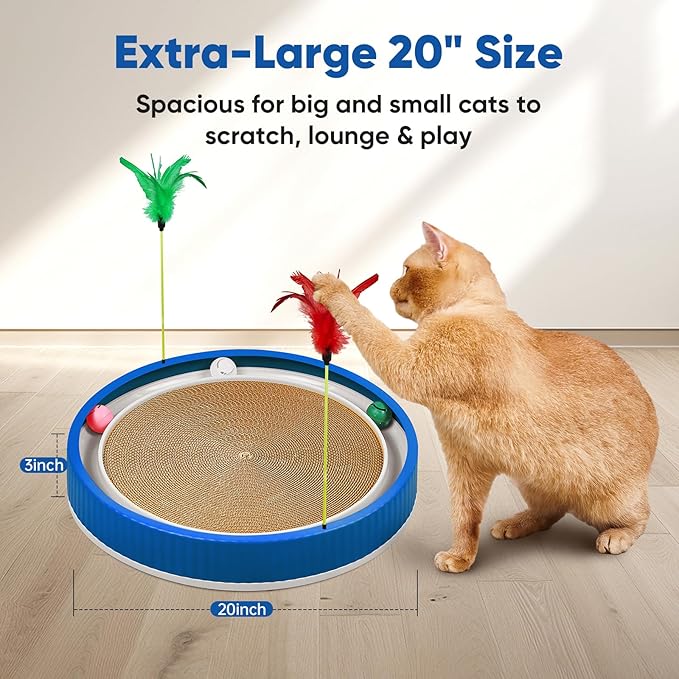20-Inch Round Cat Scratcher with Ball Track – 3-in-1 Cardboard Scratching Pad with Feather Toy &amp; Non-Slip Base – Interactive Cat Toy for Indoor Cats, Kittens &amp; Large Cats (Blue)