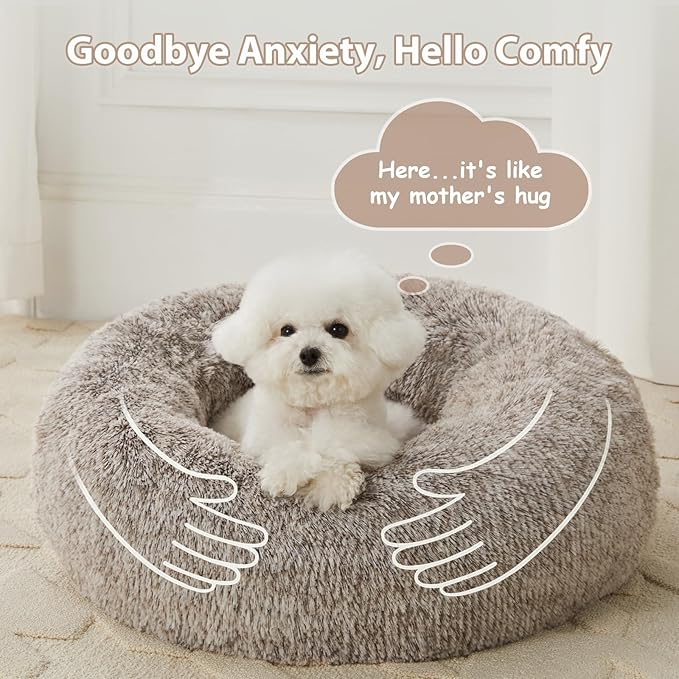 WNPETHOME Calming Dog Bed &amp; Cat Bed, Anti-Anxiety Donut Small Dog Bed, Fluffy Faux Fur Cats Cushion Puppy Bed for Small Pets and Cats (24 x 24 inch, Light Coffee)
