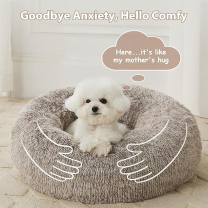 WNPETHOME Calming Dog Bed &amp; Cat Bed, Anti-Anxiety Donut Small Dog Bed, Fluffy Faux Fur Cats Cushion Puppy Bed for Small Pets and Cats (24 x 24 inch, Light Coffee)