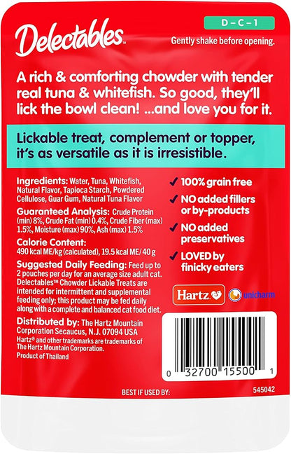 Hartz Delectables Chowder Lickable Wet Cat Treats for Kitten, Adult &amp; Senior Cats, Tuna &amp; Whitefish, 12 Count
