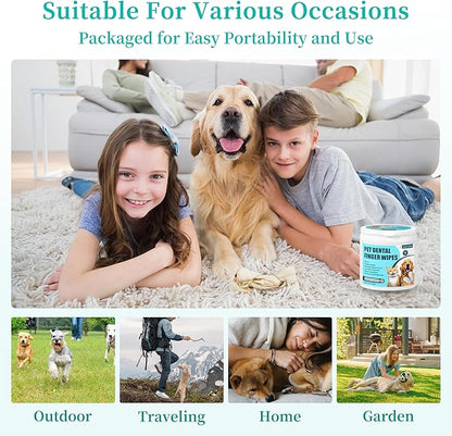 Dog Teeth Cleaning Wipes, Cat &amp; Dog Toothbrush Brushing Kit, Dog Tooth Finger Dental Wipes to Remove Tartar &amp; Plaque, Plant-Based Care Disposable Pet Wipes (50 Count, Uncented)