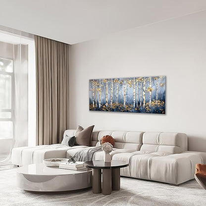 Large White Birch Wall Art Forest Golden Leaves Canvas Living Room Nature Landscape Pictures Framed Prints Oversize Wall Decor Painting Artwork for Bedroom Dining Home 60"x30"