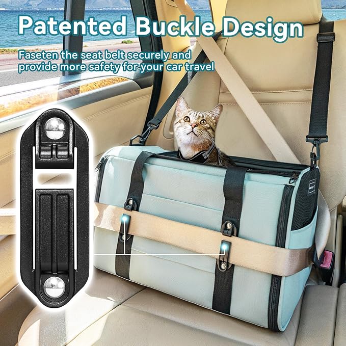 PETSFIT Soft-Sided Cat Carriers &amp; Car Seats with Patent Safe Buckles, Clip-On Harness，18"x11"x11" Airline Approved Pet Carrier - 9 lbs Capacity (Cyan Blue)