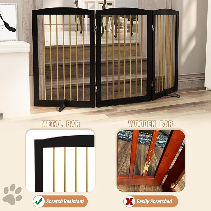 Freestanding Pet Gate for Dogs, Foldable Wooden Dog Gate for House Indoor, Step Over Pet Puppy Safety Fence for Stair, Doorway,Hall, Support Feet Included,3 Panels 32",Black&amp;Gold