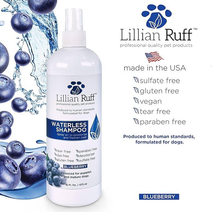 Lillian Ruff PRO Formula Berry Blue Brightening Dog Shampoo + Blueberry Waterless Dog Shampoo - Professional Whitening, Tear Stain Remover &amp; No-Rinse Hydrating Odor Control, Aloe+Coconut Oil, USA Made