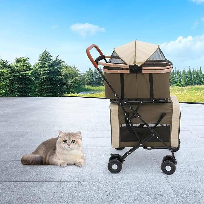 Foldable Pet Stroller for Small &amp; Medium Dogs, Double Dog &amp; Cat Stroller with 3-in-1 Travel System, Detachable Pet Carrier with Wheels for Cats and Dogs up to 77 lbs, Dark Green