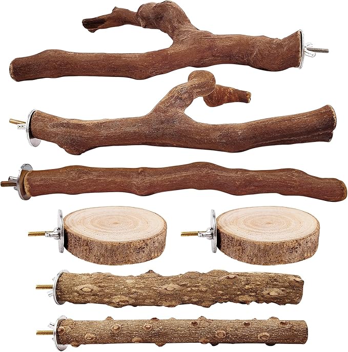 7-Piece Bird Perch Set: 3 Grapevine Paw Grinding Forks, 2 Wood Stands &amp; 2 Hammocks - Cage Accessories for Parakeets, Cockatiels, Conures, Budgies
