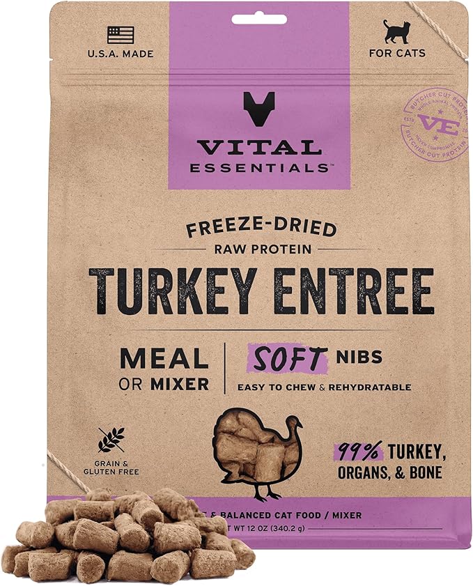 Vital Essentials Freeze-Dried Raw Turkey Meal or Mixer Cat Food Soft Nibs | 99% Turkey, Organs &amp; Bone | 12 oz