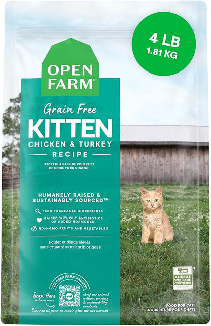 Open Farm, Grain Free Dry Kitten Food, Nutrient Dense Kibble with Protein, Vitamin A, Taurine, Naturally Occurring Fibers &amp; Prebiotics, Homestead Turkey &amp; Chicken Recipe for Kittens, 4lb Bag