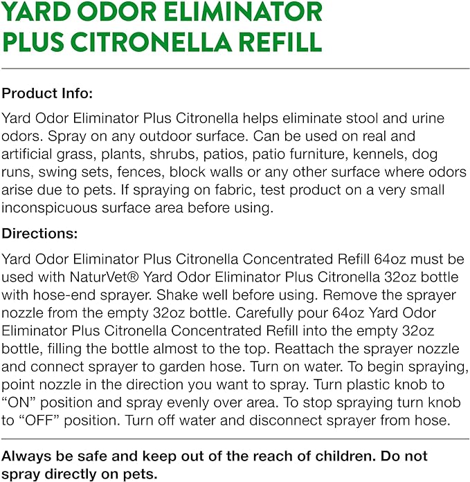 NaturVet – Yard Odor Eliminator Plus Citronella Spray – Eliminate Stool and Urine Odors from Lawn and Yard – Designed for Use on Grass, Patios, Gravel, Concrete &amp; More – 64oz Refill (No Hose Nozzle)