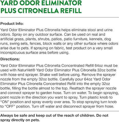 NaturVet – Yard Odor Eliminator Plus Citronella Spray – Eliminate Stool and Urine Odors from Lawn and Yard – Designed for Use on Grass, Patios, Gravel, Concrete &amp; More – 64oz Refill (No Hose Nozzle)