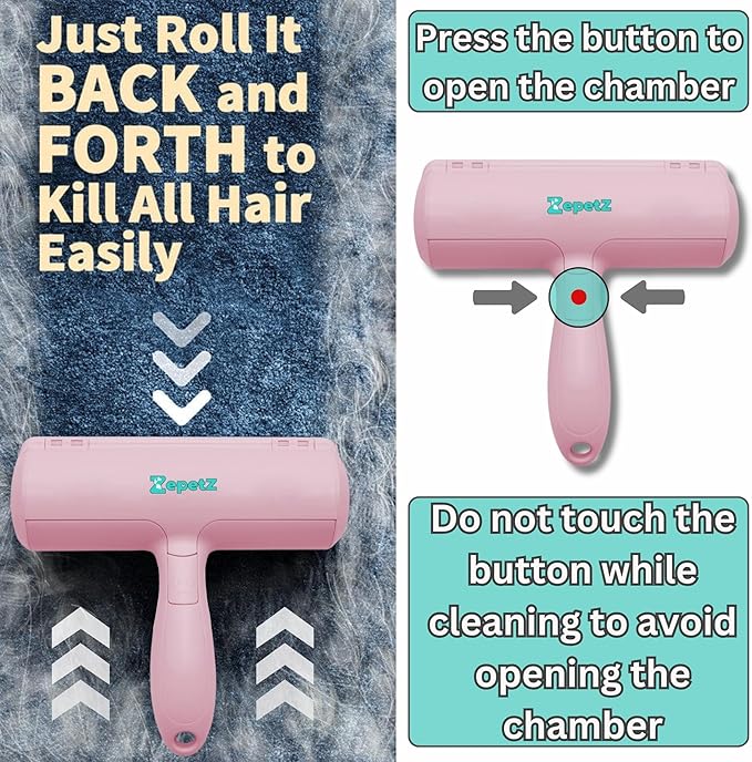 Pet Hair Removal Tool – Reusable Lint Roller for Dogs &amp; Cats – Self-Cleaning Fur Remover Brush – Ergonomic Lint Roller for Carpet, Bedding, Couch, Car Seat &amp; More (Pink)