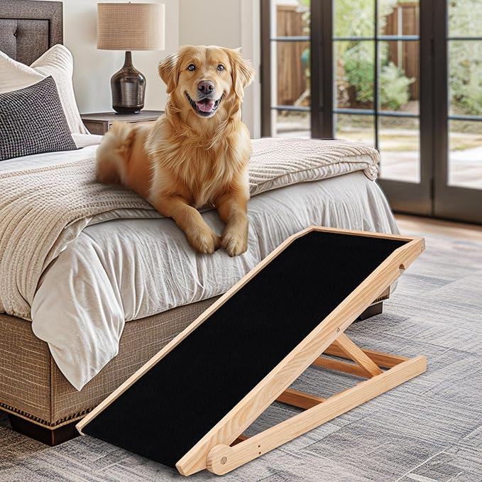 Dog Ramp, Adjustable Height Wooden Folding Pet Ramp for Bed, Couch,SUV-High Traction, Portable Paw Ramps for Small &amp; Large Old Dogs &amp; Cats - Furniture Quality