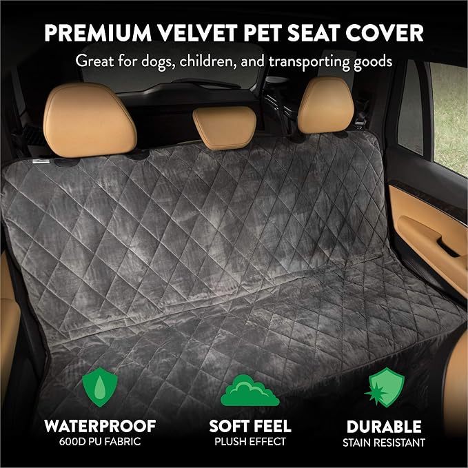 Plush Paws Products Velvet Rear Car Seat Protector w/Hammock | Washable &amp; Waterproof Back Seat Dog Cover for Car, Truck, &amp; SUV | Nonslip, Tear Resistant Pet Seat Cover | X-Large London Grey