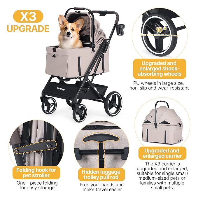 BEBEROAD X3 2 in 1 Pet Stroller for Medium or Two Small Dogs &amp; Cats 4 Wheels Lightweight Foldable Carrier Dog Stroller with Waterproof Weather Cover Cup Holder,Storage Basket(Camel)