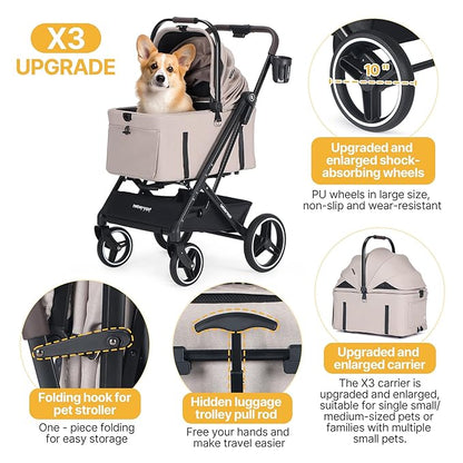 BEBEROAD X3 2 in 1 Pet Stroller for Medium or Two Small Dogs &amp; Cats 4 Wheels Lightweight Foldable Carrier Dog Stroller with Waterproof Weather Cover Cup Holder,Storage Basket(Camel)