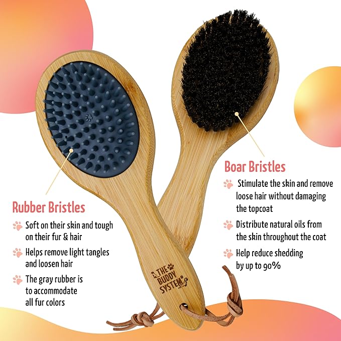 The Buddy System Combo Bristle Pet Brush, 2-in-1 Brush, Durable Rubber Side and Soft Boar Bristle Side - All Pets and Coat Lengths - Top Coat Massage for Cats &amp; Dogs - 1 Pack