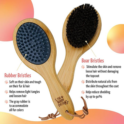 The Buddy System Combo Bristle Pet Brush, 2-in-1 Brush, Durable Rubber Side and Soft Boar Bristle Side - All Pets and Coat Lengths - Top Coat Massage for Cats &amp; Dogs - 1 Pack