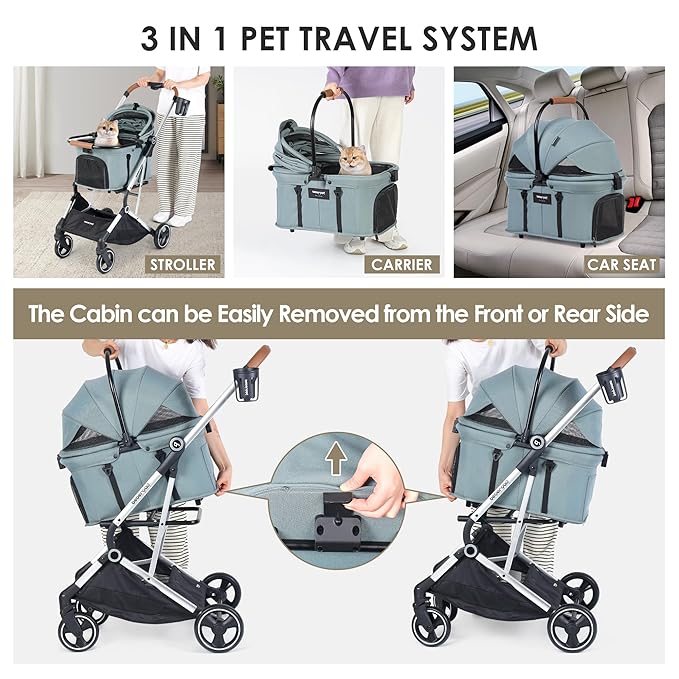 T3 Pro 3-in-1 Small Pet Stroller for Dog &amp; Cats, 4 Wheels with Detachable Carrier with Pad, Canopy and Cup Holder, Green