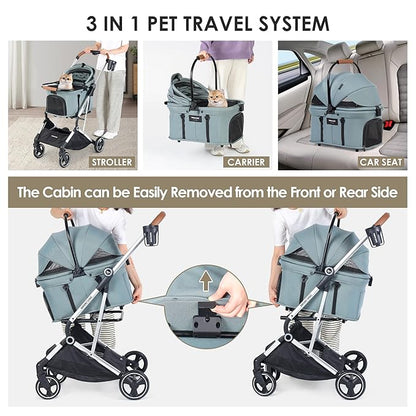 T3 Pro 3-in-1 Small Pet Stroller for Dog &amp; Cats, 4 Wheels with Detachable Carrier with Pad, Canopy and Cup Holder, Green