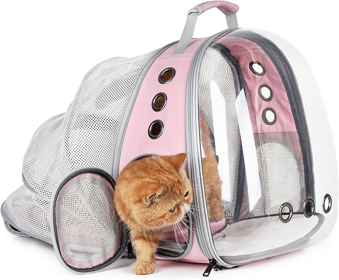 Lollimeow Cat Carrier Backpack, Bubble Expandable Backpack Carrier, Pets and Small Dogs,Airline-Approved, Designed for Travel, Hiking, Walking &amp; Outdoor Use (Back Expandable-Pink)