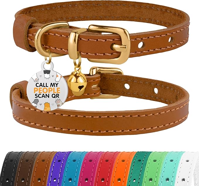 BRONZEDOG Leather Cat Collar with Removable Bells Non Breakaway Kitten QR Tag for Girl Boy (9" - 12" Cats/Mini Dogs, Light Brown &amp; Gold)