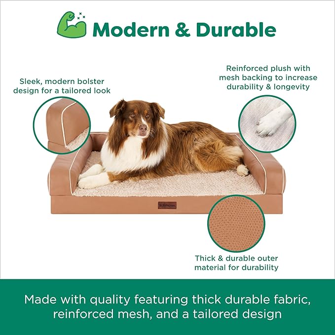 FurHaven Orthopedic Dog Sofa Bed – Memory Foam Couch with Bolsters, Textured Plush &amp; Water-Resistant Cover, Washable Cover, Joint Support - Camel, Large