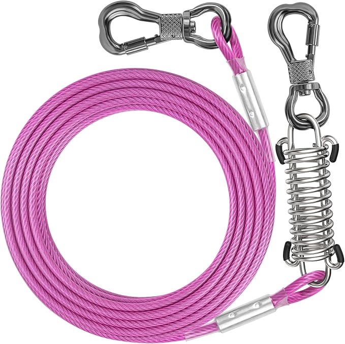 Tresbro 25 FT Dog Tie Out Cable with Spring, Shock Absorbing Tether Chains for Outside Aavilable in 10/15/20/25/30/40/50/70/100/120 FT, Heavy Duty Leads for Yard for Medium &amp; Large Dogs Up to 500 LBS