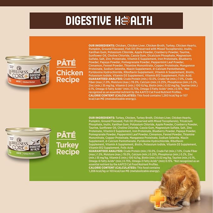Wellness CORE+ Digestive Health Pate Adult Wet Cat Food, Natural, Protein-Rich, Grain Free, 3 Ounce, 12 Pack (Chicken &amp; Turkey Variety Pack)