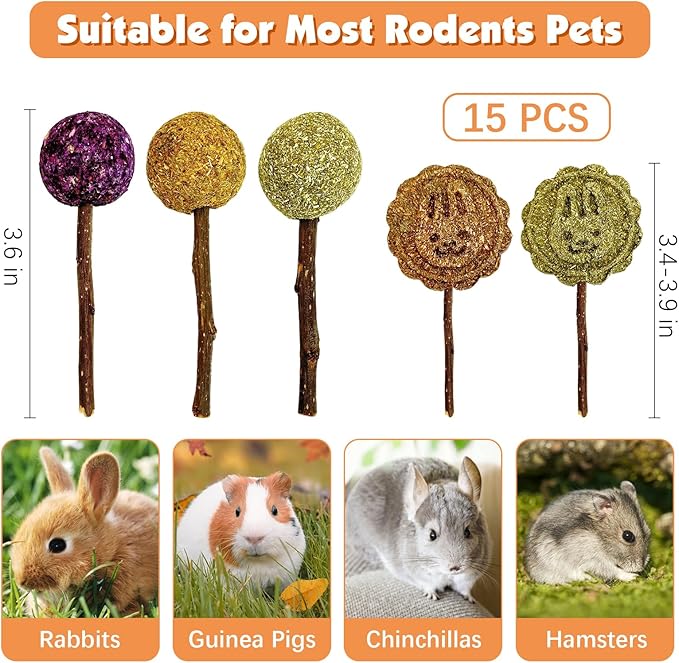 Fhiny Rabbit Chew Toys, 15 PCS Natural Bunny Lollipop Chew Sticks Handmade Guinea Pig Molar Treats for Teeth Small Animals Snacks for Guinea Pig Bunny Chinchilla Hamster Gerbil Teeth Care