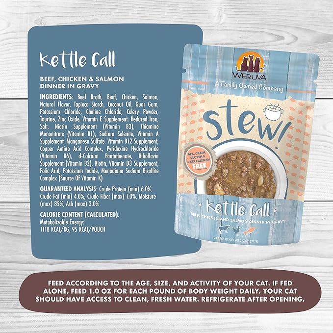 Weruva Classic Cat Stews!, Kettle Call with Beef, Chicken &amp; Salmon in Gravy, 3oz Pouch (Pack of 12)