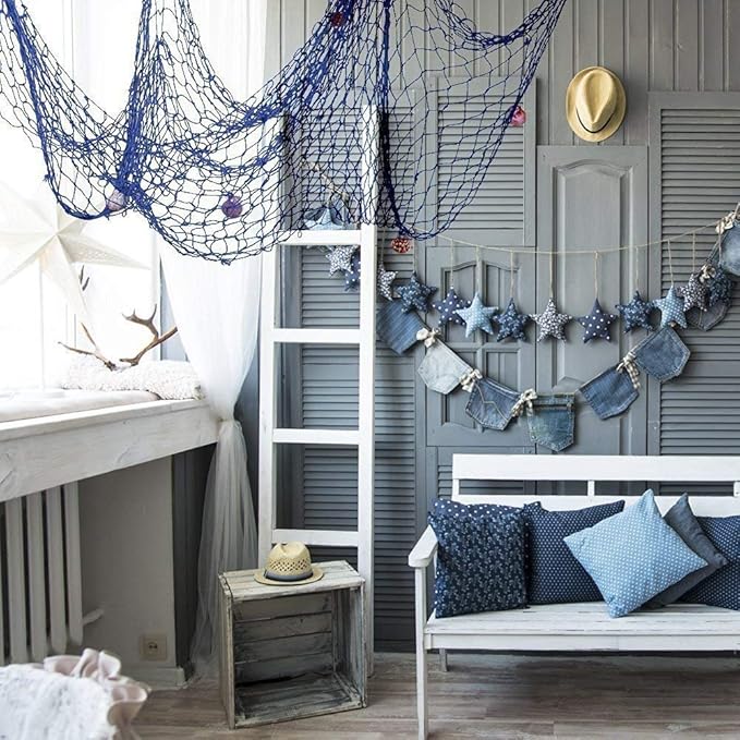 Nature Fish Net Wall Decoration with Shells, Ocean Themed Wall Hangings Fishing Net Party Decor for Pirate Party,Wedding,Photographing Decoration (Fishnet-2pack-Beige &amp; Blue)