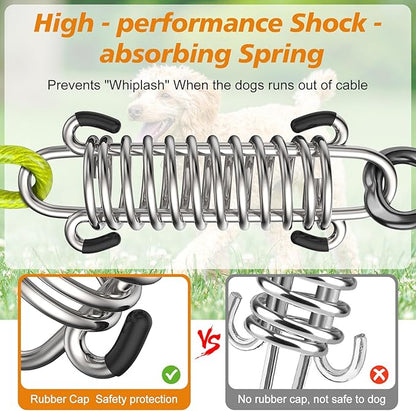 Tresbro 25 FT Dog Tie Out Cable with Spring, Shock Absorbing Tether Chains for Outside Aavilable in 10/15/20/25/30/40/50/70/100/120 FT, Heavy Duty Leads for Yard for Medium &amp; Large Dogs Up to 500 LBS