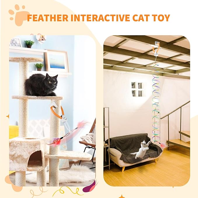 Interactive Cat Toy,Automatic Cat Toy for Indoor Cats,Hanging Door Clip Ribbon 360° Rotation,Feather &amp; Rainbow Cat Stimulating Ribbons Cat Toys for Bored Adult/Kitten Exercise