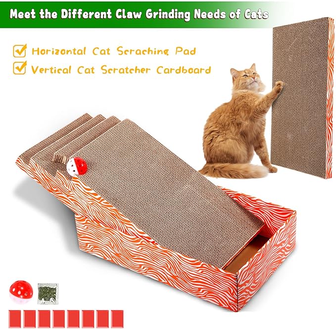 Cat Scrather Box with 4 pcs Large Scratching Cardboard and Toy Ball, Catnip, 4 in 1 Large Refillable &amp; Reversible Cat Scratcher Pad, Cardboard Cat Bed for Big Medium Small Lazy Kitty
