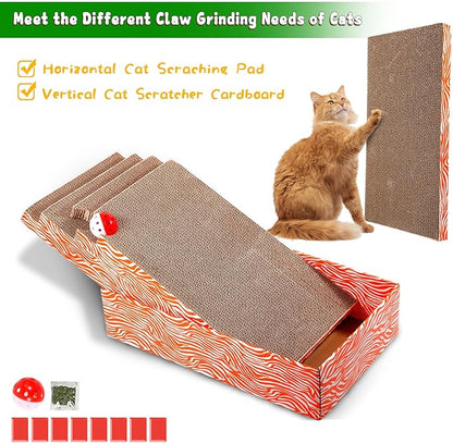 Cat Scrather Box with 4 pcs Large Scratching Cardboard and Toy Ball, Catnip, 4 in 1 Large Refillable &amp; Reversible Cat Scratcher Pad, Cardboard Cat Bed for Big Medium Small Lazy Kitty