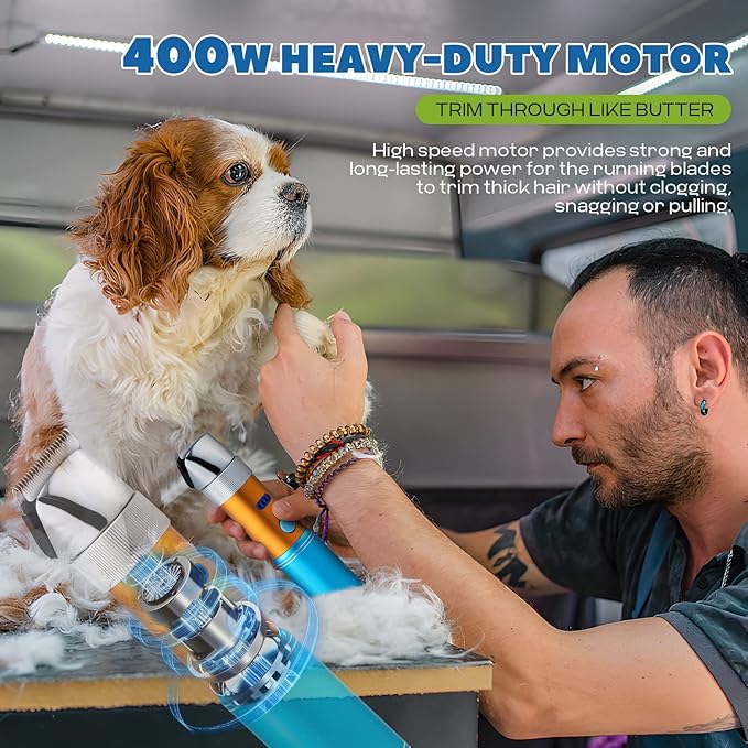 Dog Clippers for Grooming Cordless 400W with Rechargeable 5h-Standby Battery, Low Noise < 50db, Heavy-Duty Pet Hair Shaver Kit, with 2 Sharp &amp; Detachable Blades of 3MM&amp;6MM, Blue