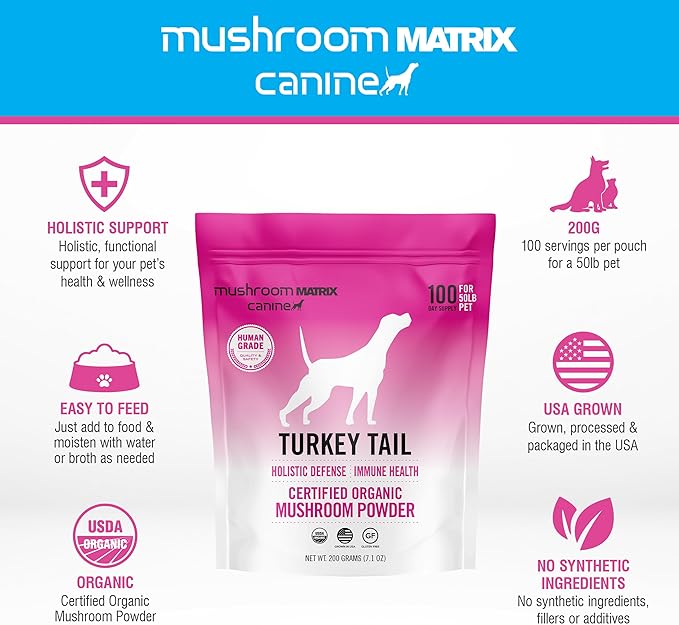 Om Mushroom Matrix Turkey Tail Mushroom Pet Supplement Powder, Provides Immunity Support &amp; Holistic Defense for Dogs &amp; Cats, 200 Grams, 7.1 oz