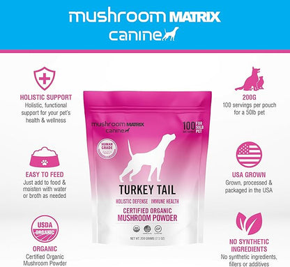 Om Mushroom Matrix Turkey Tail Mushroom Pet Supplement Powder, Provides Immunity Support &amp; Holistic Defense for Dogs &amp; Cats, 200 Grams, 7.1 oz