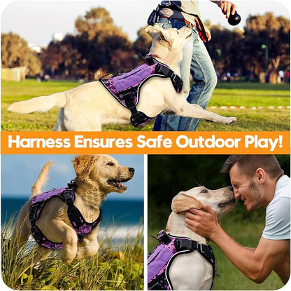 Heavy-Duty Tactical Dog Harness for Large Dogs, No Pull Adjustable Reflective Pet Vest with Molle System, K9 Military-Grade Control for Service Training, Outdoor &amp; 10+ Breeds, Purple Camo, X-Large