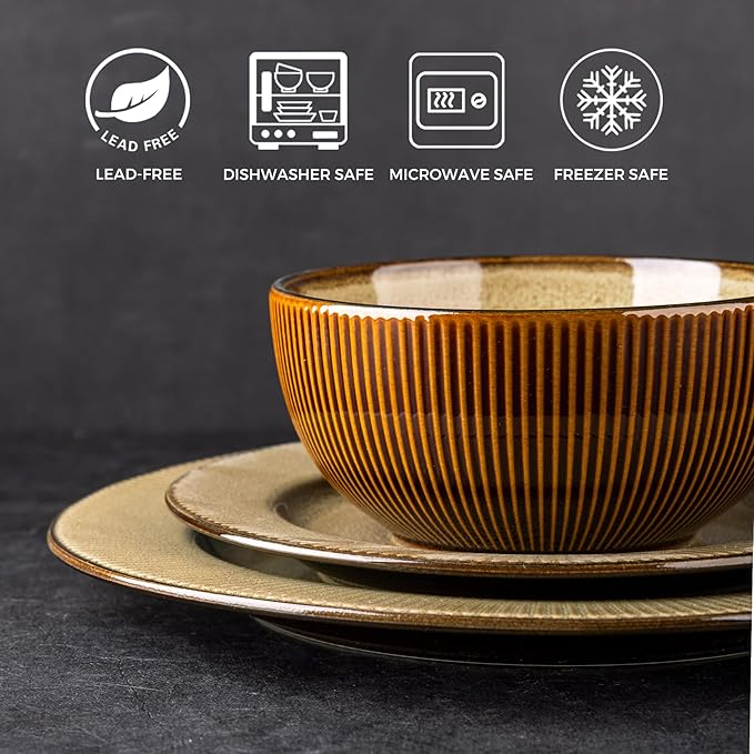GBHOME Ceramic Dinnerware Sets,12 pcs Embossed Elegant Stoneware Plates and Bowls Sets, Housewarming Wedding Gift | Dishwasher &amp; Microwave Safe | Dishes Set Service for 4