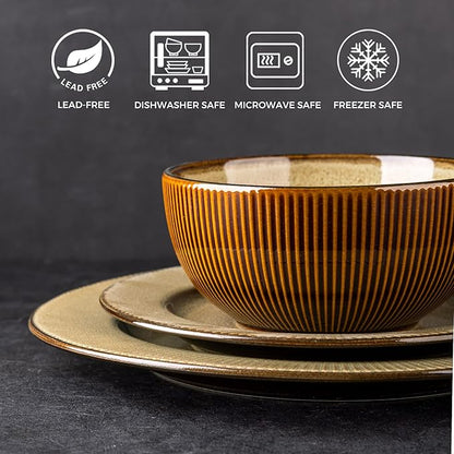 GBHOME Ceramic Dinnerware Sets,12 pcs Embossed Elegant Stoneware Plates and Bowls Sets, Housewarming Wedding Gift | Dishwasher &amp; Microwave Safe | Dishes Set Service for 4