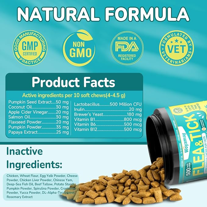 4-IN-1 Flea and Tick Prevention for Cats, 500 Crunchy &amp; Creamy Chews, Cat Flea Treatment, Natural Oral Flea Treatment for Cats, Daily Support for Flea, Immune, Skin &amp; Coat, Gut, Chicken Flavor