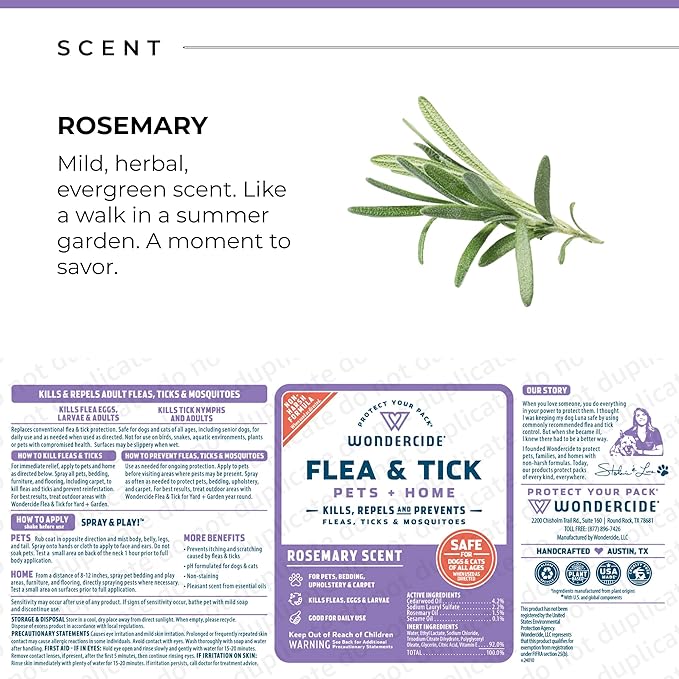 Wondercide - Flea, Tick &amp; Mosquito Spray for Dogs, Cats, and Home - Killer, Control, Prevention, Treatment - with Natural Essential Oils - Pet and Family Safe - Rosemary 16 oz