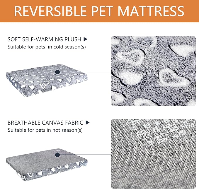 VANKEAN Stylish Dog Bed for Crate - Reversible Cool &amp; Warm, Waterproof Inner, Firm Support, Machine Washable, XXL to Small, Grey