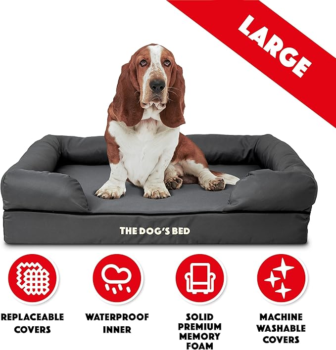 The Dog’s Bed Large Grey with Black Trim 36x27, Waterproof, Veterinary Grade Memory Foam, Pain Relief: Arthritis, Hip &amp; Elbow Dysplasia, Post Surgery, Supportive, Washable Cover, Veterinary-Approved